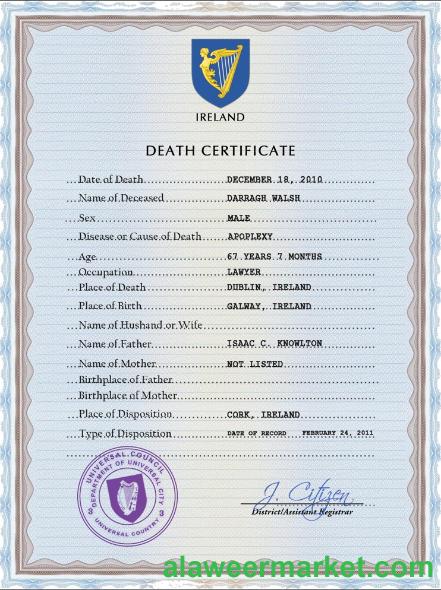 Ireland vital record death certificate PSD template